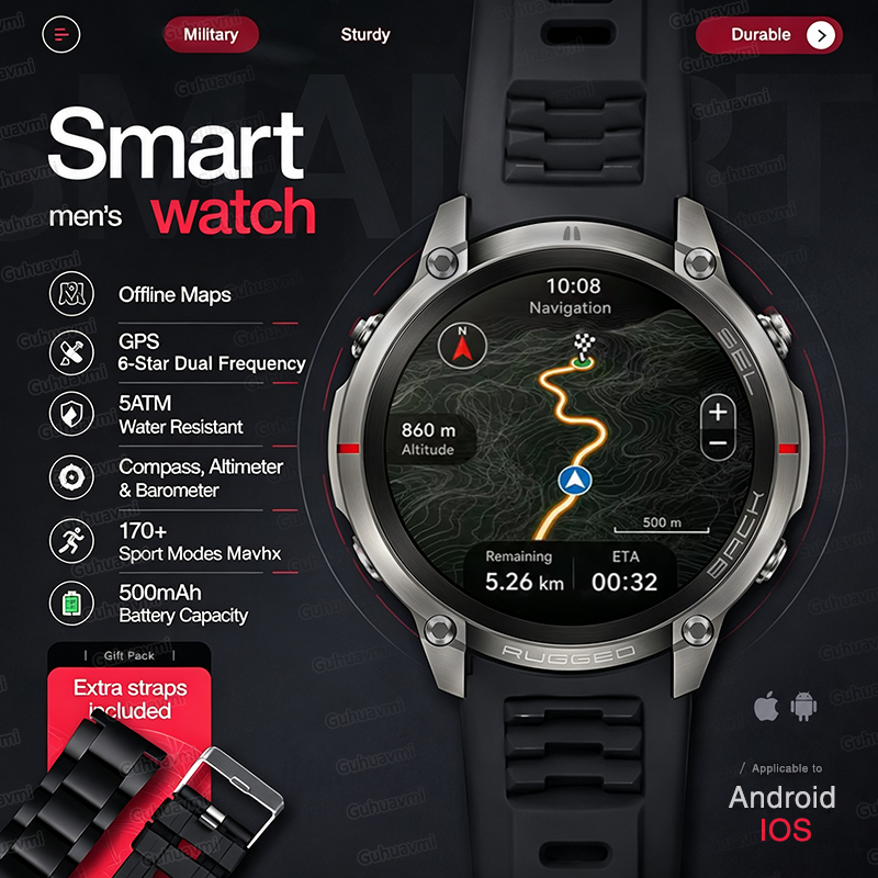 Smartwatch Rugged Watches For Men - Nowy Wytrzymały Wojskowy Smartwatch GPS z